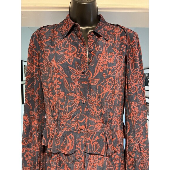 Jason Wu Navy Red Floral Printed Long Sleeve Shirt Dress Size 10 - Picture 10 of 11
